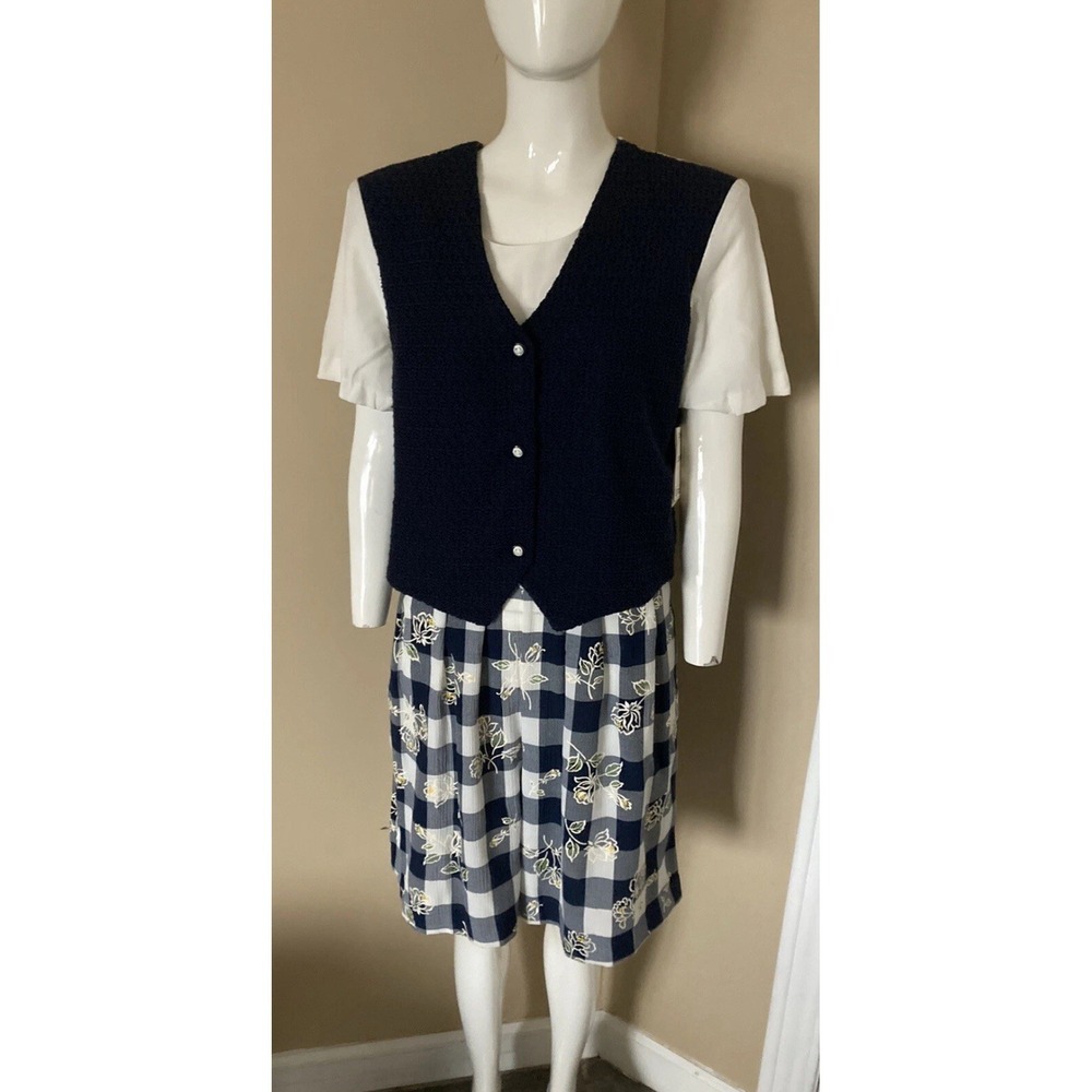 VTG Bentley Sz 16 XL Blue Plaid Floral Romper Vest Tie Back Cottagecore 90s